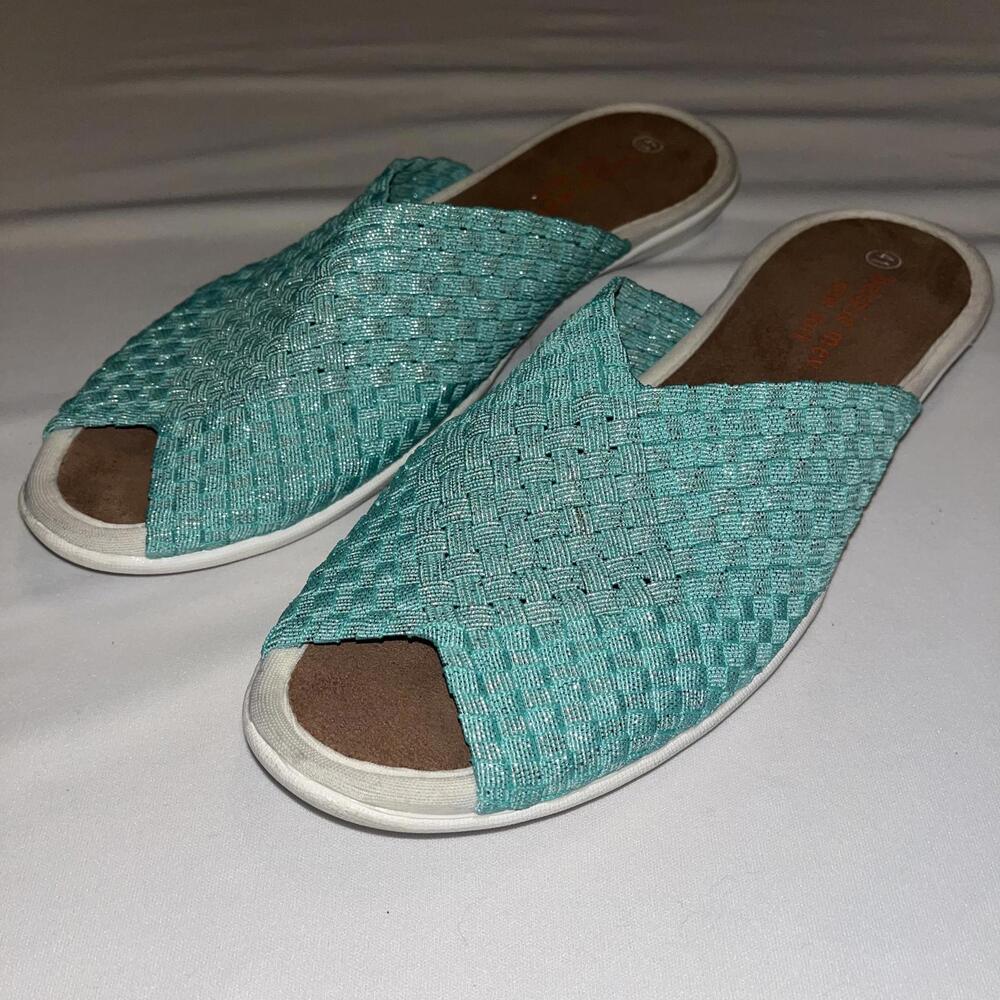 Bernie Mev Turquoise Metallic Stretch Woven Capri Slide Sandal 41EU - 10US